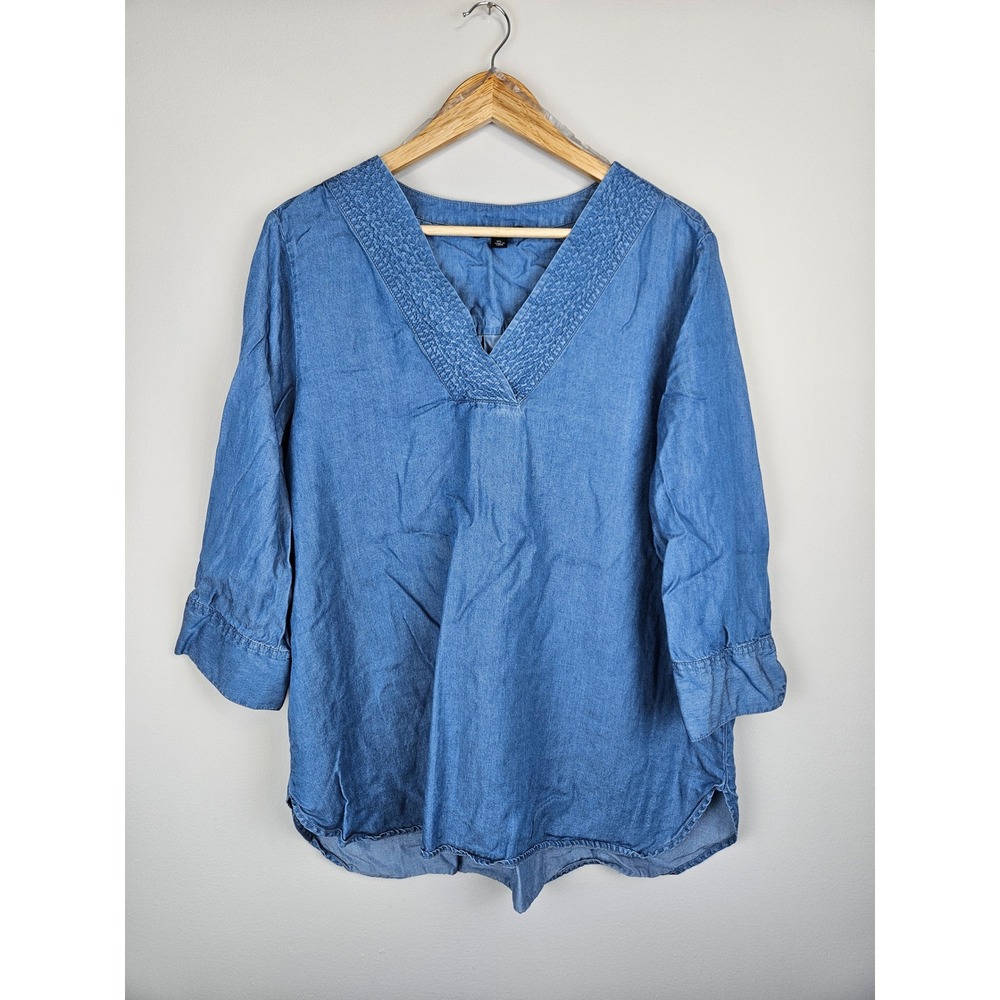 Zac & Rachel Womens Blue Lyocell Denim Blouse Embroidered V-Neck Tunic XL
